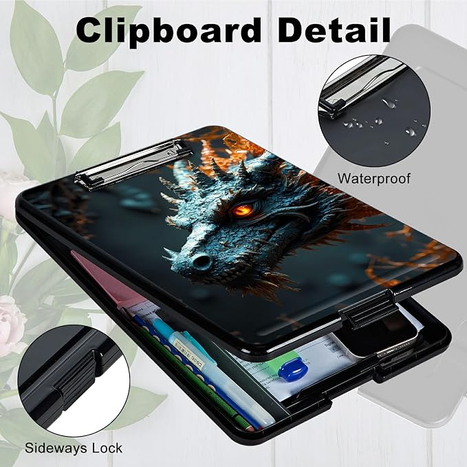 Heavy Duty Storage Clipboard, Slim Nursing Clipboard with Internal Pen Case, Portable File Organizer Case for A4 Letter Size Paper Office Medical Professionals, Forest Grey Dragon
