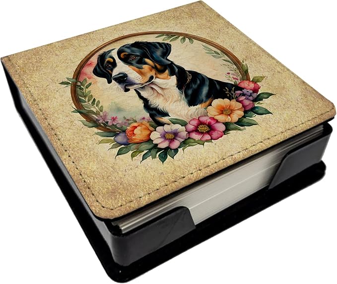 Caroline's Treasures Greater Swiss Mountain Dog and Flowers PU Leather Note Paper Holder with Artist-Designed Cover, Desk Accessory, Office Gift
