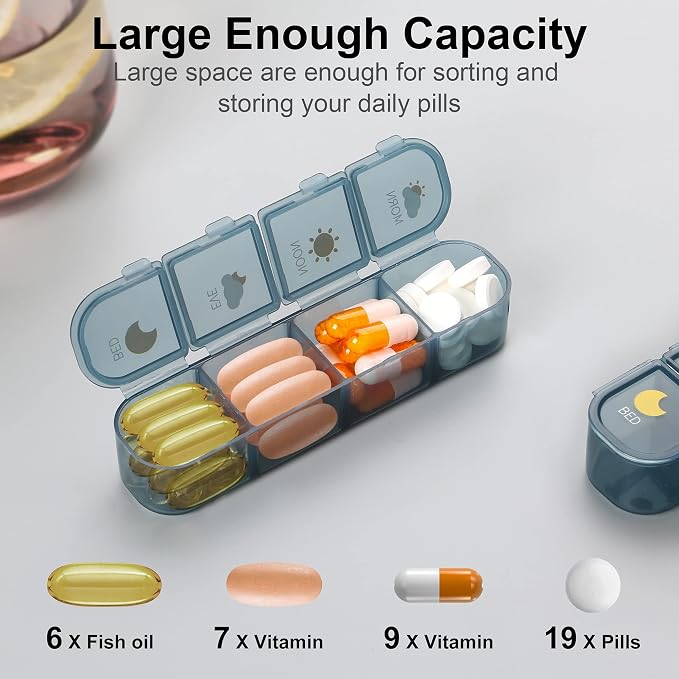 Acedada Pill Organizer 4 Times A Day, Weekly Travel Pill Box 7 Day, Blue | Large Medicine Organizer Box, Pill Case 4X A Day, Easy to Open, Daily Pill Holder Container for Vitamin, Fish Oil Supplements