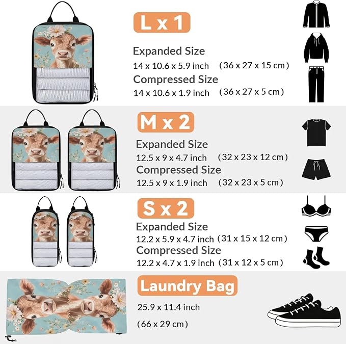 Cow 6 Set Compression Packing Cubes Bull Expandable Packing Organizer for Travel Accessories Luggage Suitcase Bag