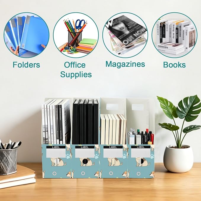 Emelivor Pets Blue Dogs Print Magazine Holder Set of 3 Desk File Organizer Foldable Vertical Folder Holder with Labels for Office Organization File Box for Library Classroom Home