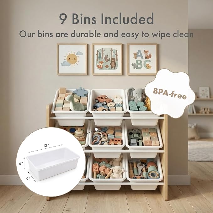 Humble Crew Kids Toy Organizer with 9 Bins, 3 Tier Storage for Playroom | Sturdy wood and steel toddler shelf, removable BPA-free containers, wall anchor anti-tip safety kit for bedroom or classroom
