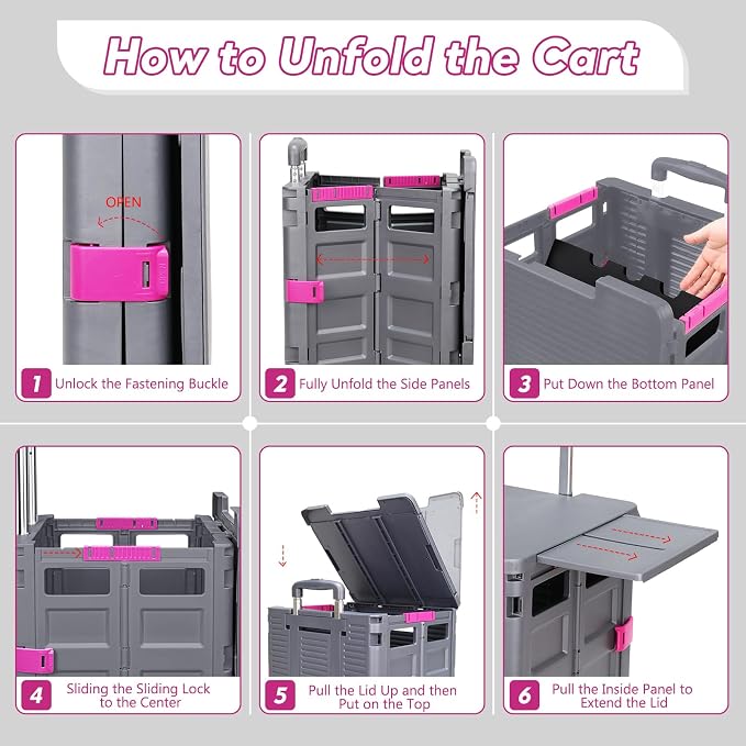 Foldable Utility Cart Rolling Crate Handcart Shopping Cart with Rotate Wheels Extended Magnetic Lid Telescoping Handle Adjustable Angle for Transports Groceries Office Teacher File(Gray)