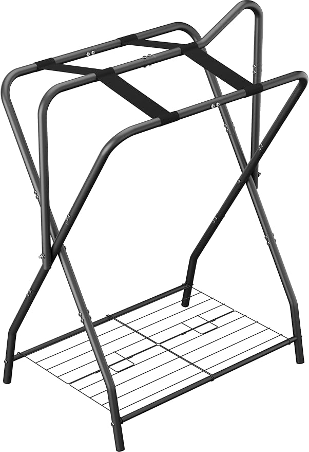 Queension Foldable Saddle Rack with Bottom Storage for Horse Stable, Black | Portable Horse Saddle Stand for English & Western Saddles, Saddle Pad Rack for Horse tack, Horses Blanket