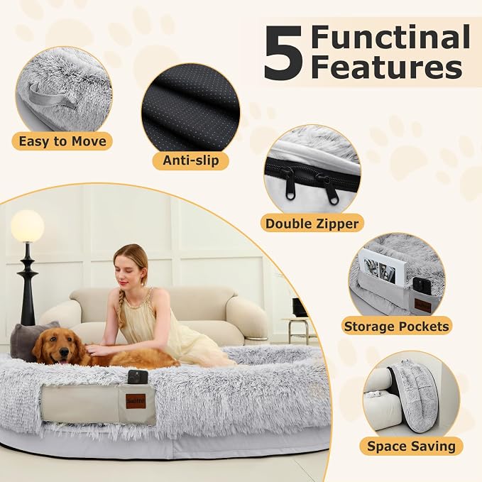 Human Dog Bed for Adult, 71"x48" Large Pet Dog Bed, Cool Grey | Adult Dog Bed for Humans with Pillow & Blanket, Fluffle Cloud Dog Bed with Orthopedic Foam Bolster, Durable Zipper, Portable