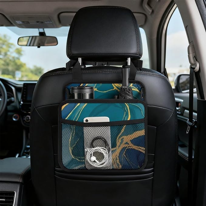 Car Back Seat Organizer Auto Headrest Backseat Storage Bag, Gold Turquoise | Green Navy Blue Wave Marble, Vehicle Trash Bag Can with Mesh Pocket, Waterproof Pu Leather Interior Accessories