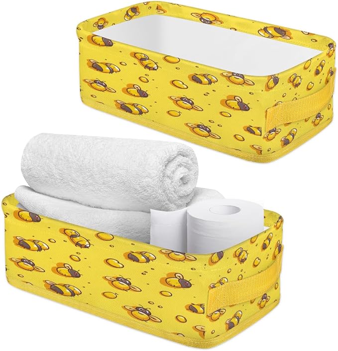 Yellow Bee Print Bathroom Storage Basket Waterproof Foldable Storage Bins with Handles Decorative Toilet Paper Storage Basket for Organizing for House Bathroom Toiletries