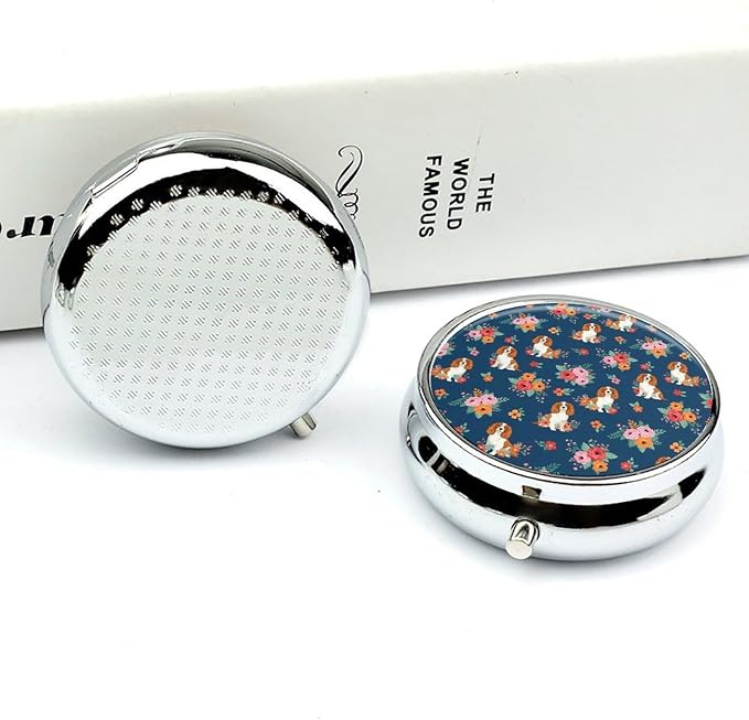 Round Travel Pill Box with Mirror English Springer Spaniel and Retro Floral, 3 Compartment Metal Pill Holder for Purse Fish Oil Supplements