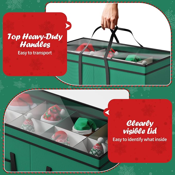 Christmas Figurine Storage Box & Nutcracker Storage Containers with Visible Lid and Dividers, Keeps 8 15"-Figurine Collectibles, Xmas Holiday Decoration Storage Bag, 600D Oxford / Tear-Proof, Green