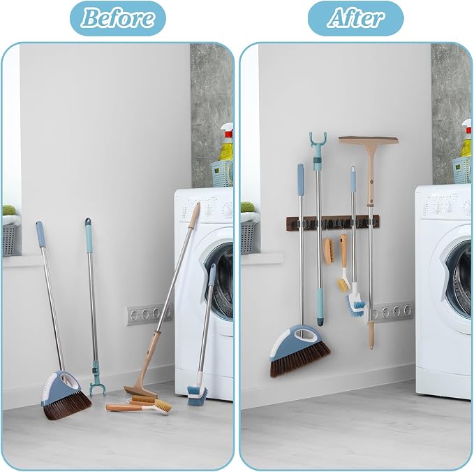 Brown Broom Holder Wall Mount - Heavy Duty Wood Mop and Broom Organizer with 5 Slots & 4 Hooks - Rustic Garden Tool Hanger for Laundry Room Closet Kitchen Garage Storage and Organization