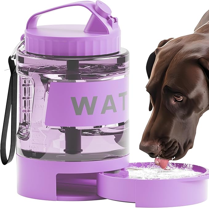 77oz Dog Water Dispenser, 2.2L Large Portable Dog Water Bottle with Pull-Out Drinking Bowl, BPA Free Leak-Proof Pet Travel Water Container for Camping, Hiking, Beach, Car Travel Essentials- Purple