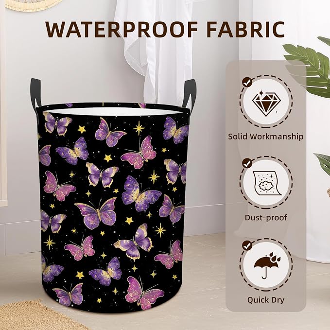 Butterfly Laundry Hamper Girls Boys, Baby Nursery Laundry Basket for Bedroom, Round Collapsible Waterproof Storage Bin with Handles for Toys, Storage Basket for Boy, Butterfly Room Decor, 13.8x17.7in