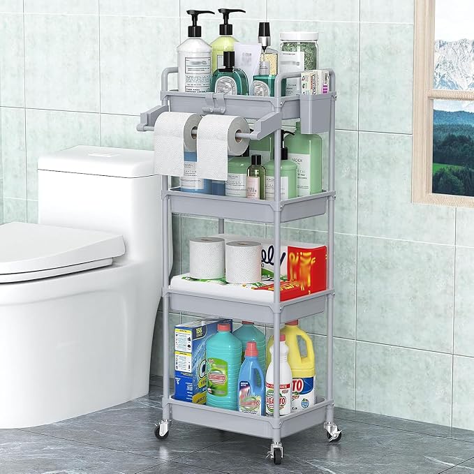 SPACEKEEPER Rolling Storage Cart, 4-Tier Bathroom Organizer Utility Cart Laundry Room Organization Mobile Shelving Unit with Towel Rack, Lockable Wheel, Hooks & Cup for Kitchen Bedroom Office, Grey
