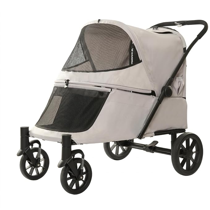 Outdoor Transport Cart Pet Folding Enclosure Steel Carrier Mesh Ventilated Window Easy Entry Four Wheels Suitable for Pet Walks Shopping, Silver Gray, Silver Gray