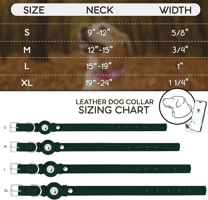 Leather Dog Collar with Airtag Holder - Apple Air Tag Dog Collars - Soft Tracking GPS Pet Collar for Small Medium Large Dogs Breed Puppy (Green, M, 12"-15" Neck Fit)