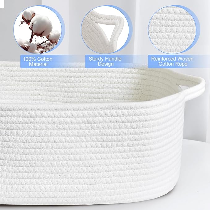 ABenkle Small Storage Basket with Handles, Cotton Rope Woven Dog Cat Toy Bin, Decorative Shelves Closet Organizing for Nursery Laundry Bedroom, 14.2''x 11''x 5.1''