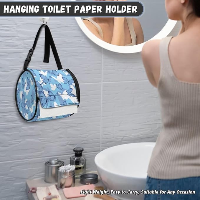 Blue Butterfly Hanging Paper Towel Roll Holder with Adjustable Strap Water Resistant Toilet Tissue Roll Dispenser Handy Toilet Paper Cover Storage Holder