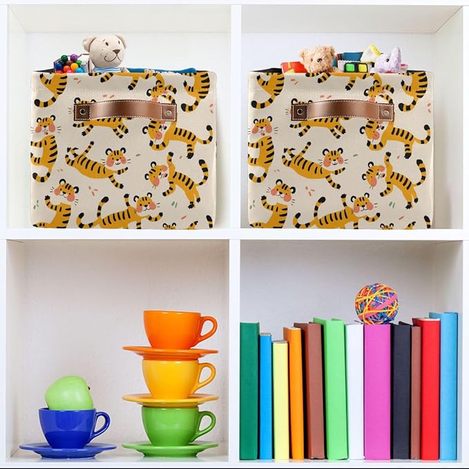 Cute Tigers Storage Basket with Handles Collapsible Canvas Storage Bin Toy Decorative Basket Closet Organizer for Nursery Bedroom Home
