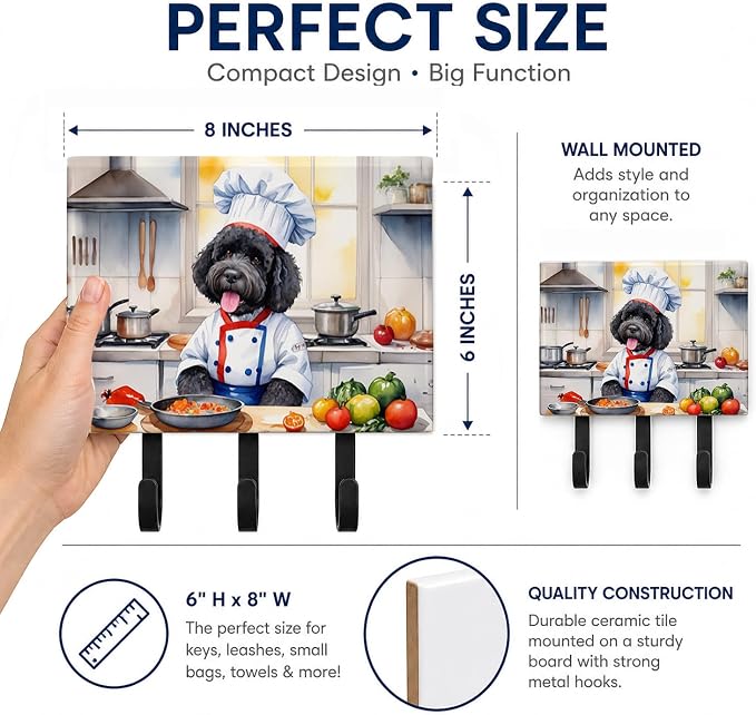 Caroline's Treasures Portuguese Water Dog The Chef Leash or Key Holder Wall Hooks, Key Hooks Holder, Coat Rack Wall Mount, Coat Hooks, Hooks for Hanging Keys, Towels, Aprons, Leashes | Portuguese Water Dog The Chef artwork on ceramic tile with three st...