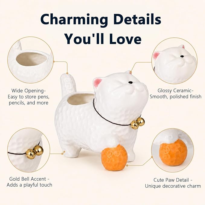 Ceramic Cat Shaped Pen Pencil Holder for Desk Decoration Accessories Cat Decor Makeup Brush Pen Cups Office School Ideal Gifts for Women, Mom or Birthdayscr