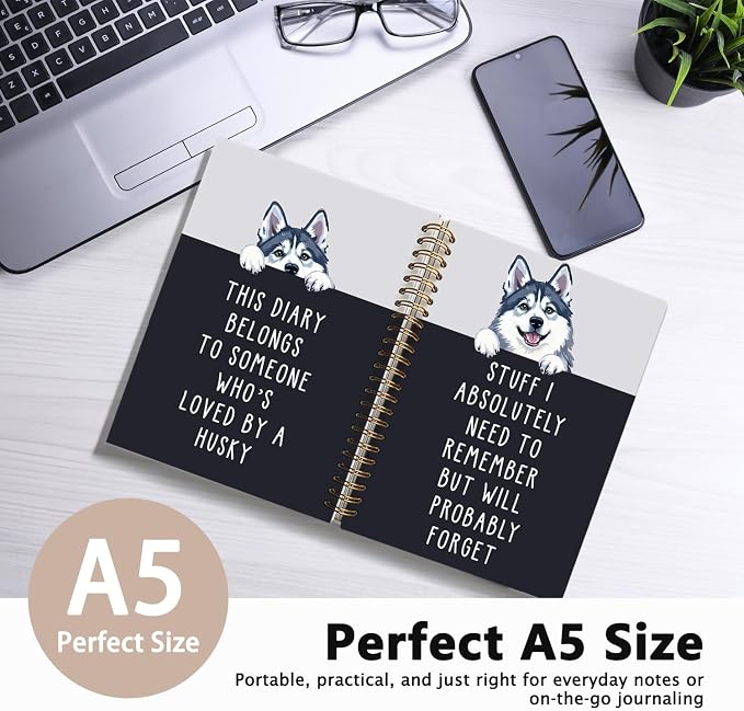 LIANGW Funny Husky Notebook Journal Gifts for Women & Men | Gifts for Husky Lovers Notebooks, Funny Gifts for Coworkers, Hardcover Spiral Notebook 5.5x8.3 Inch
