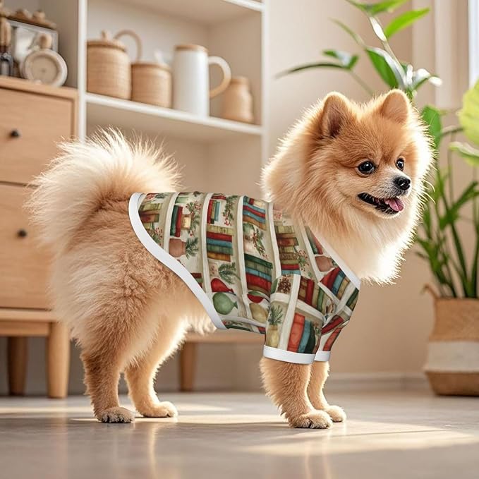 Christmas Bookshelf Dog T Shirt Dogs Cats Cotton Shirts Short Sleeve Clothes Soft Stretchy Pet Costume Doggy Outfit Pullover Jumper Puppy Sweatshirt Small