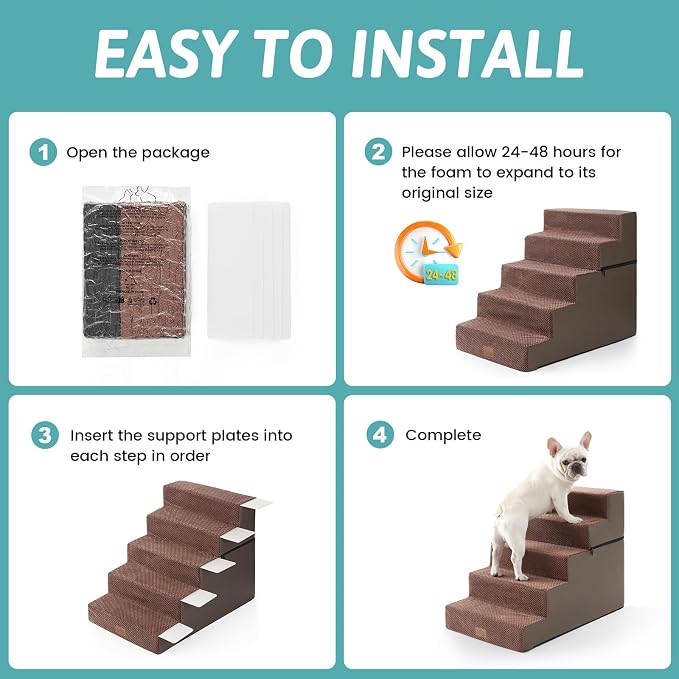 COZY KISS Dog Stairs for Small Dogs, 5 Step Pet Stairs for Beds & Couches | 23.6" Extra Wide Non-Slip Dog Steps with Removable Tiers & Support Board for Puppies, Older Cats & Dogs, Brown
