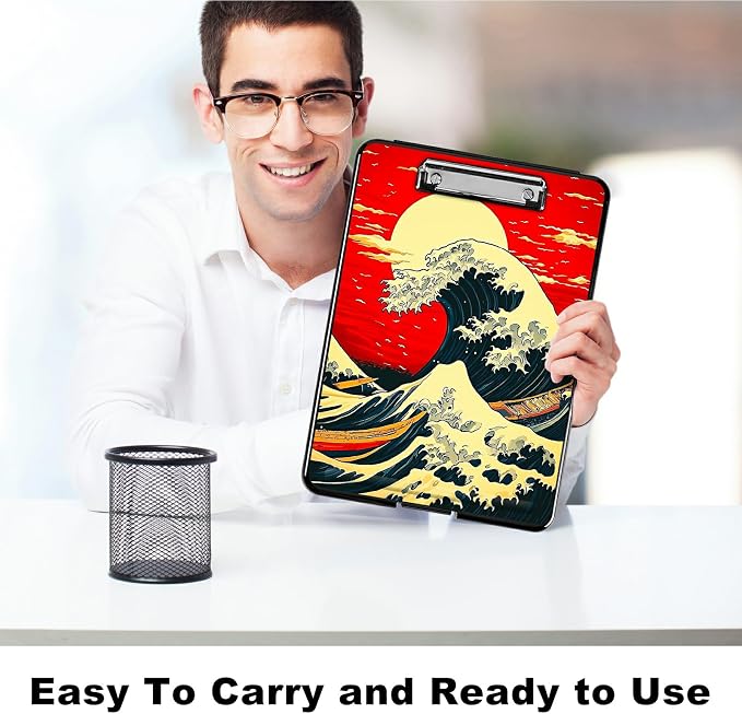 Red Sky Waves A4 Clipboard with Storage Pen Holder, Clipboards Organizer Nursing Clipboard Foldable File Folder Plastic Clipboard Folio Clip Board for Office Students Classroom Doctor