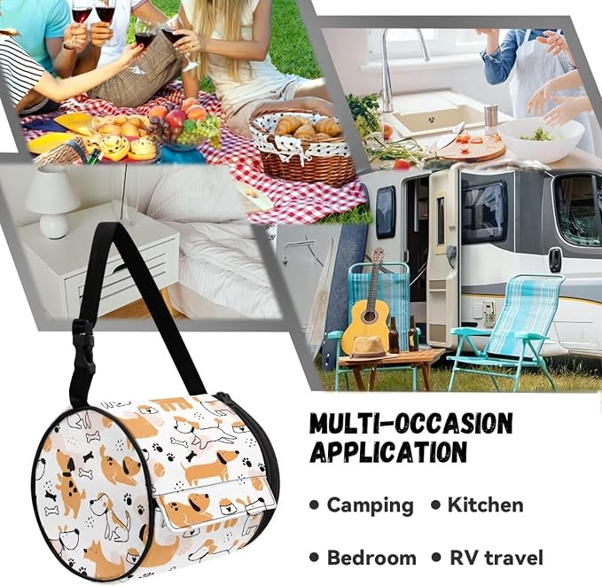 Hanging Paper Tower Holder Wall Mounted Cylinder Toilet Paper Roll Storage Holder with Adjustable Strap Easy to Install 6.3 * 6.3 * 6.3 Inch,Kawaii Puppies