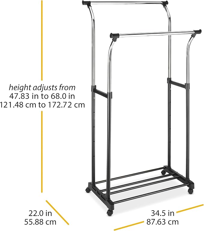 Whitmor Heavy Duty Adjustable Garment Rack-Rolling Clothes Organizer, Black and Chrome