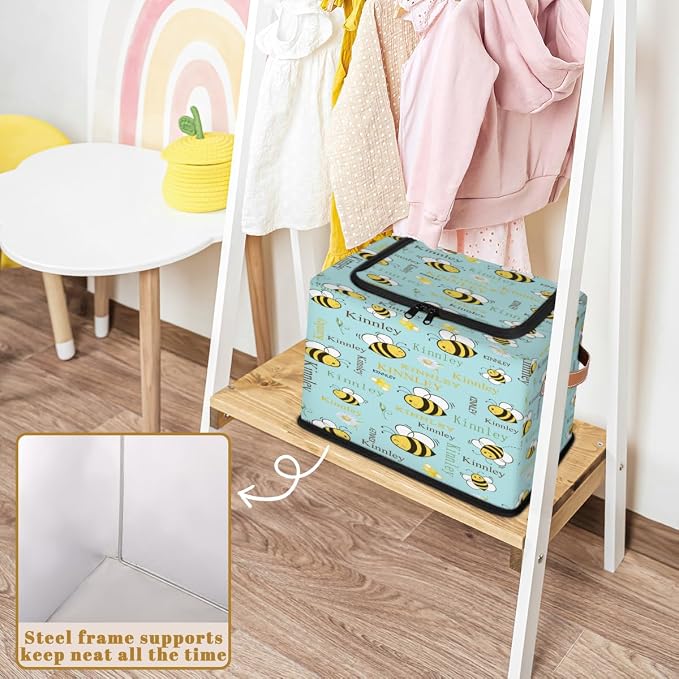 Personalized Red Storage Bins with Zipper Lid, Customized Name Storage Basket Rectangle Clothes Organizer for Kids Pets Toys Shelf Closet, Cartoon Bee with Daisy Floral Light Turquoise