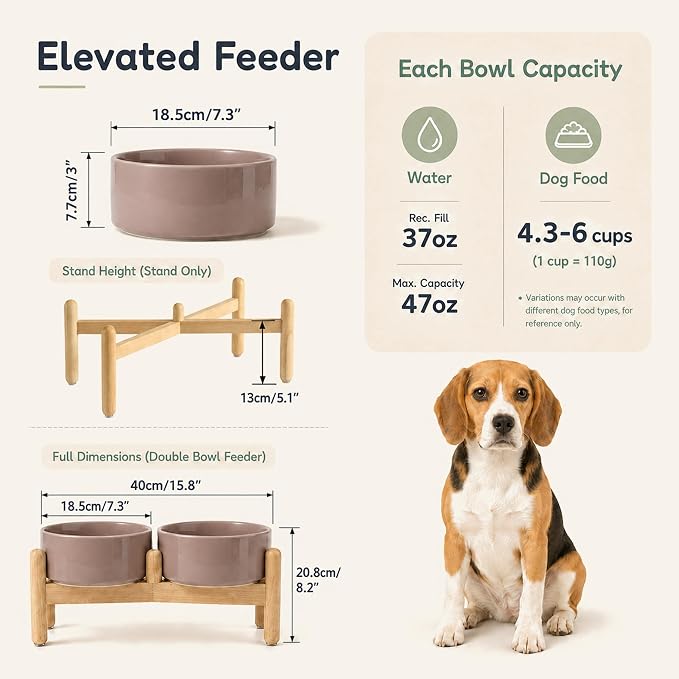 Havniva Ceramic Dog Bowls Elevated, Raised Dog Food Bowl for Medium Dogs | 7.3” Elevated Dog Bowls, Non-Slip Wood Stand, Dog Food and Water Bowl Set, Dog Feeding Dish, Large Capacity Pet Water Bowl