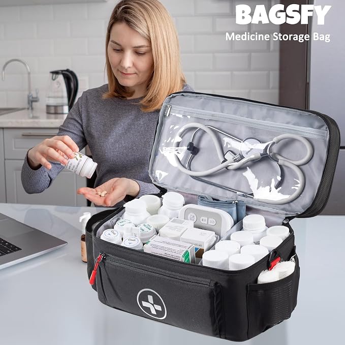 BAGSFY Travel Medicine Bag Organizer, Medical Bag Empty, Pill Bottle Organizer for Home, Large Medication Storage, Travel Carrying Case First Aid Kit Bags Empty, Emergency Kit.