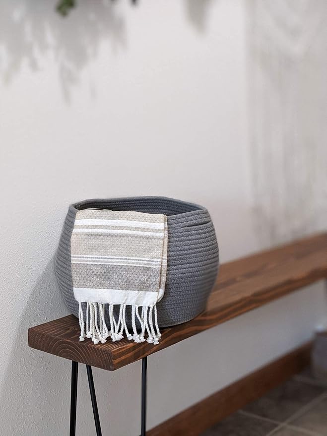 Goodpick Round Woven Rope Storage Basket for Shelves, 10" x 8.3", Grey | Decotative Small Basket for Toy Storage, Baby Gift Basket with Handles, Fits Bedroom & Nursery Décor, Plant Baskets
