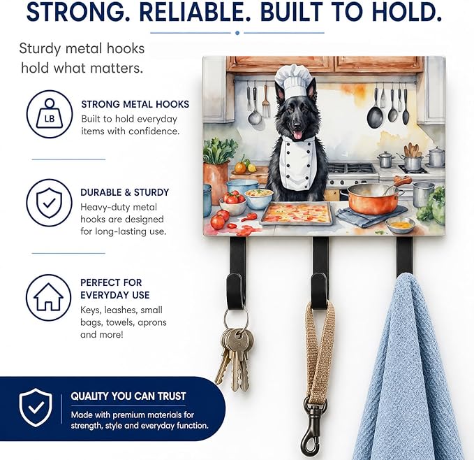 Caroline's Treasures Belgian Sheepdog The Chef Leash or Key Holder Wall Hooks, Key Hooks Holder, Coat Rack Wall Mount, Coat Hooks, Hooks for Hanging Keys, Towels, Aprons, Leashes | Belgian Sheepdog The Chef artwork on ceramic tile with three steel hook...