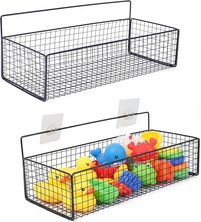 Bath Toy Storage, 2 Pack Metal Mesh Bath Toys Organizer for Bathtub Wall & Shower, Large Capacity Shower Toys Holder with Rustproof Hanging Basket Design for Restroom, Toilet, Bathroom, Kitchen-Black