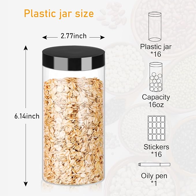 Hajoyful Plastic Jars with Lids 16OZ 16PCS Small Empty Slime Cosmetics Containers Clear Gift Food Jars Round PET Cream Jars with Black Lids Pen Labels for Kitchen Storage Spices Dry Food Butter