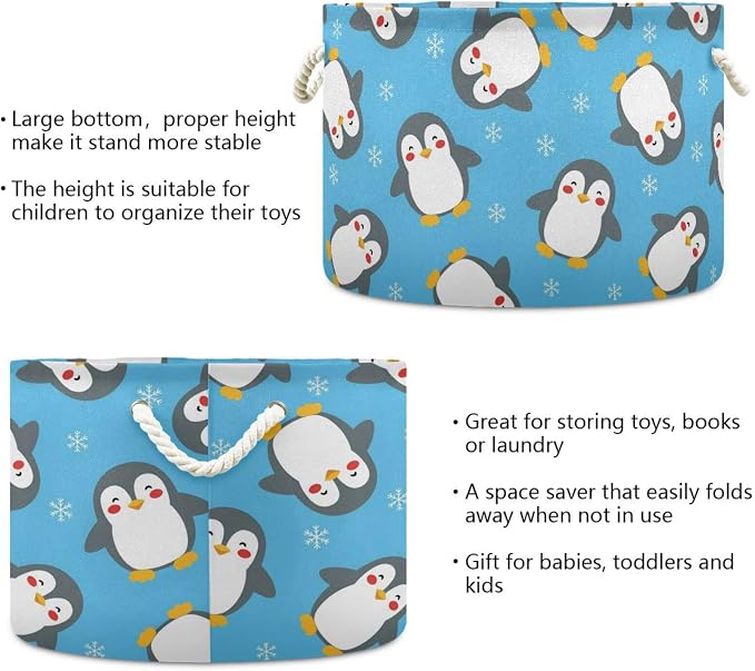 DOMIKING Large Storage Basket for Toys Christmas Snow Penguin Blue Pattern Storage Bin Box Organizer Basket for Laundry Hamper Kid's Room Baby & Dog Toy