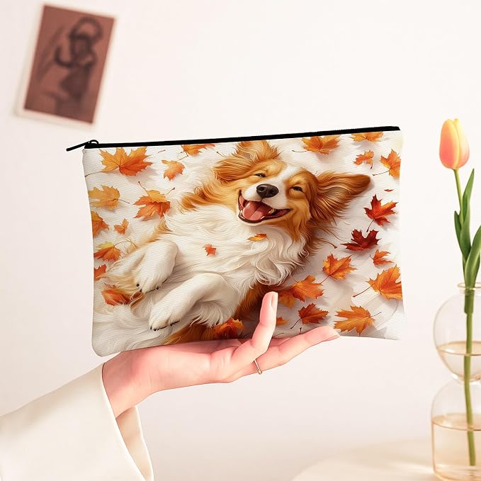 Fall Rough Collie Dog Makeup Bag, Cute Autumn Maple Leaf Printed Cosmetic Travel Pouch for Women Girls, Pet Portable Small Canvas Zipper Organizer 7x9 Inch