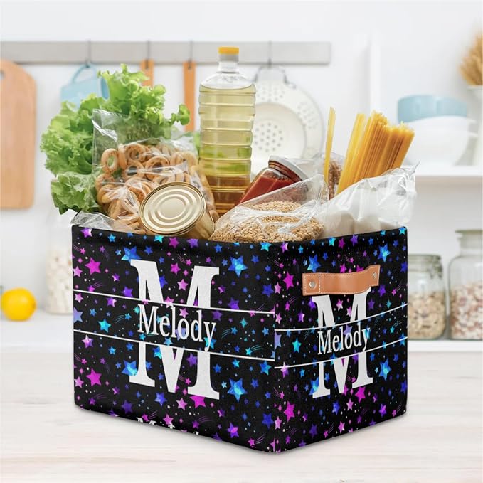 Personalized Name Storage Basket, Blue Pink Stars with Initial Letter
