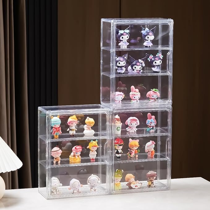 3 Tiers Clear Acrylic Display Case, Plastic Storage Bins with 2 Adjustable Divider and Magnetic Door,Stackable Display Box for Figures Showcase (3pack)