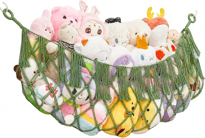 Stuffed Animal Net Hammock, Save Space Eliminate Clutter (Avocado green) | Premium Cotton Hand-knitted plush hammock, Boho Stuffed Animal Storage for Nursery, Bedroom Decor, playrooms