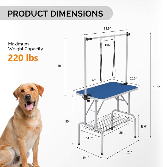 VINGLI Dog Grooming Table, Adjustable Cat Grooming Desktop with Arms and Storage Basket, Pet Grooming Stand at Home (Blue, 32 inch)