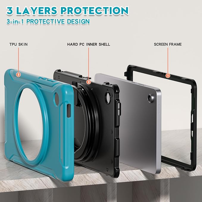 Heavy Duty Shockproof Case for Samsung Galaxy Tab A11 8.7 Inch 2025 (Model: SM-X133/X135/X135F) - with 360° Rotating Stand Handle, Built-in Screen Protector,Kid-Friendly Protective Cover (Blue)