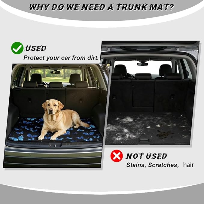 Butterfly Print Universal Car Trunk Mat 29" x 39", All Weather Non Slip Cargo Liner for SUV Truck, Washable Durable Pet Friendly Dark Blue Rear Cargo Protection
