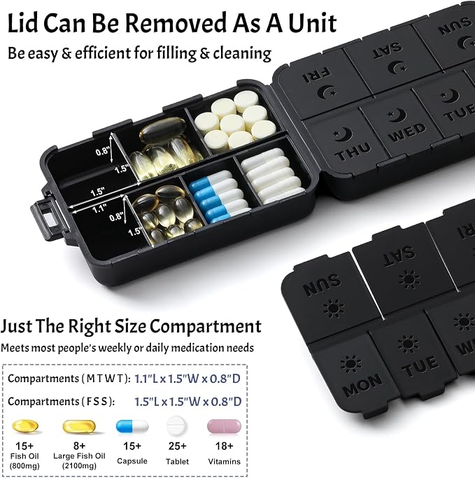New Foldable & Double Protection Portable Weekly Pill Organizer 2 Times A Day with Etched Labels, AM PM 7 Day Week Medicine Box, Daily Travel Pill Case Dispenser for Vitamin, Supplement - All Black