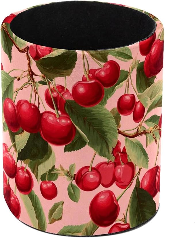 Faux Leather Pen Holder for Desk, Pencil Organizer Cherry Pen Cup Desk Decor Makeup Brush Holder Storage for Office Home