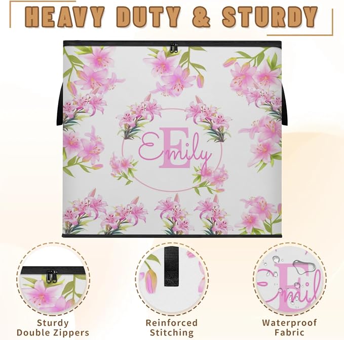 Personalized Extra Large Storage Basket with Lid, Comforters, Bedding Toys Storage Bin with Handles for Home, Collapsible Basket for Clothes, Moving, Car Trunk, Bright Violet Pink Lily Flower
