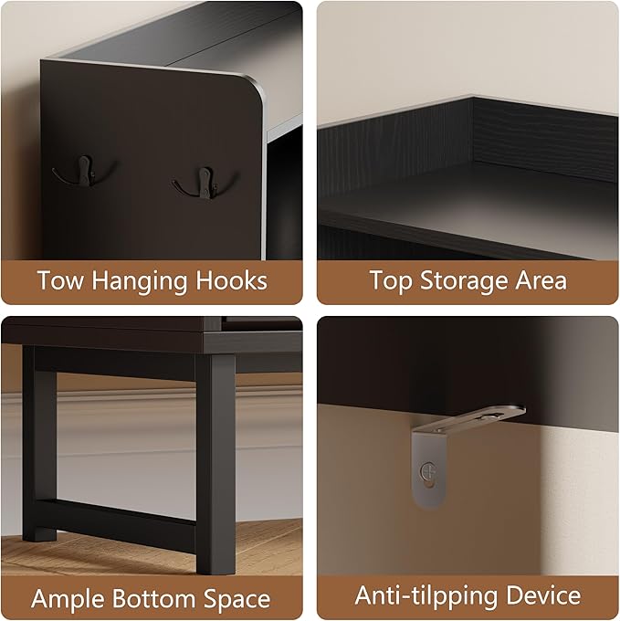 Xixini Shoe Storage Cabinet with 2 Flip Drawers, Entryway Shoe Rack, Black | Freestanding Narrow Shoe Storage, Hidden Slim Wood Shoe Organizer, Modern Farmhouse, Open Storage & Hooks for Closet, Hallway