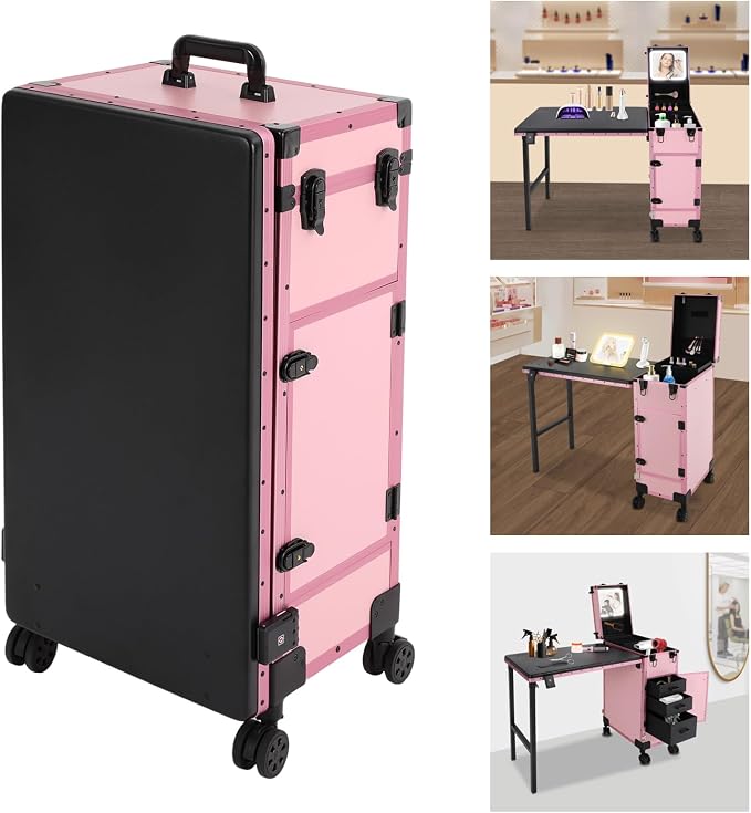 Rolling Makeup Case with 3 Drawers, Portable Manicure Table Lockable Makeup Train Case Portable Nail Table with Storage with LED Light & Key for Hair Barbers/Stylists, Makeup Enthusiasts